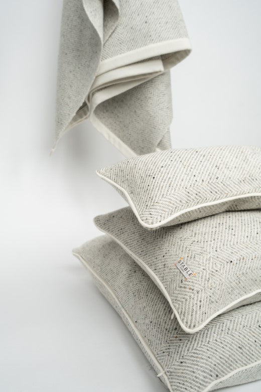 Handwoven Pressed Herringbone Tweed trimmed Blanket in Light Grey-Blankets-STABLE of Ireland