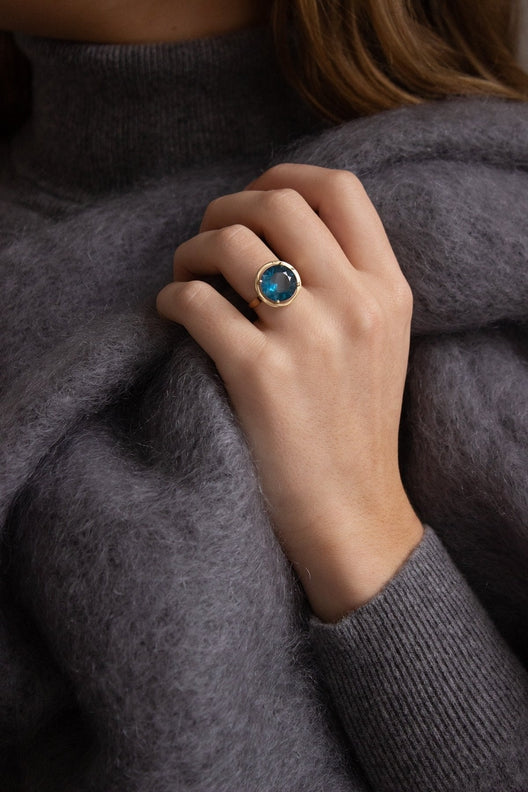 The Forty Foot Blue Topaz Gold Halo Ring-Jewelry-STABLE of Ireland