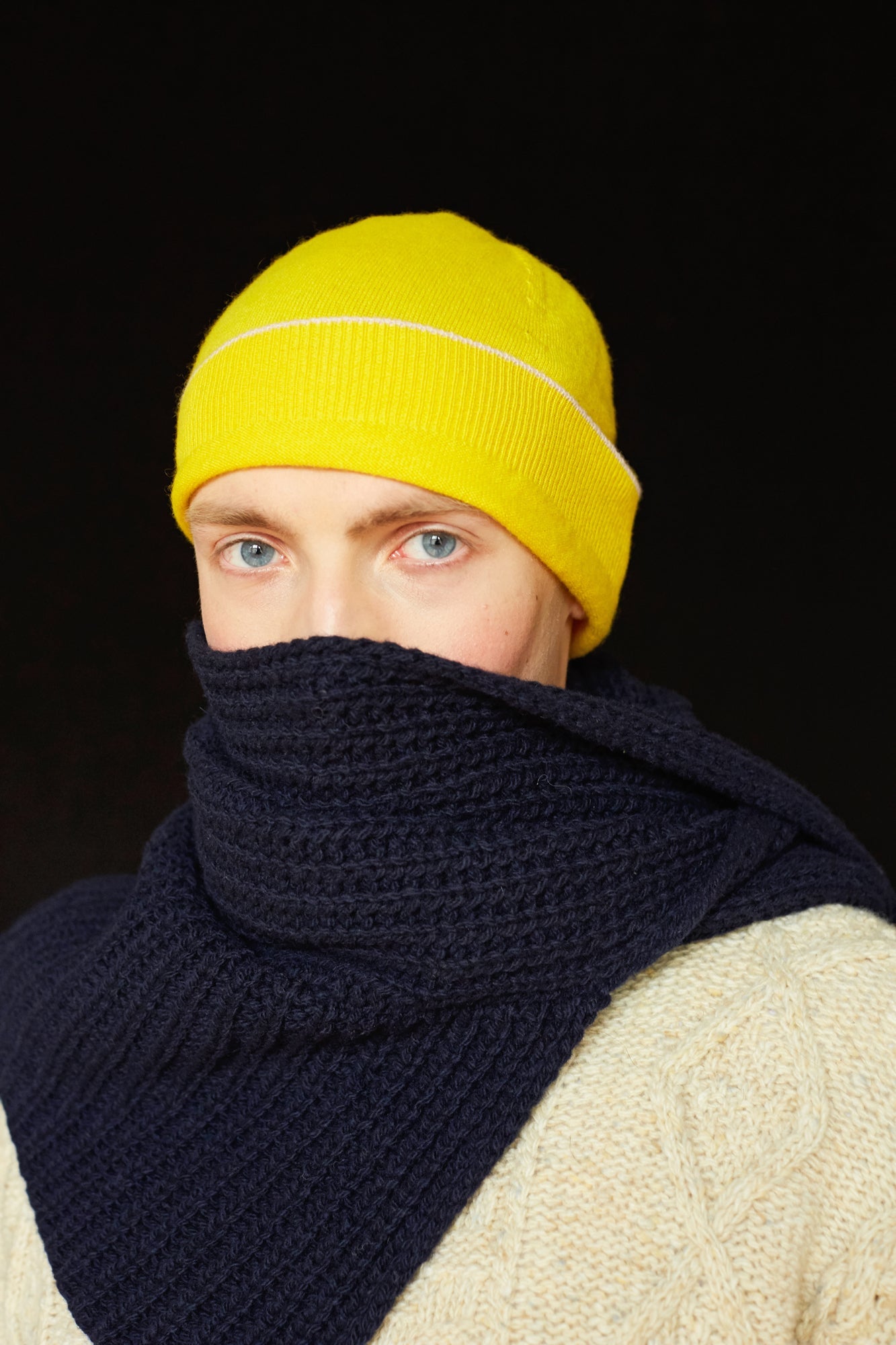 Yellow Trim Cashmere Beanie-Hats-STABLE of Ireland