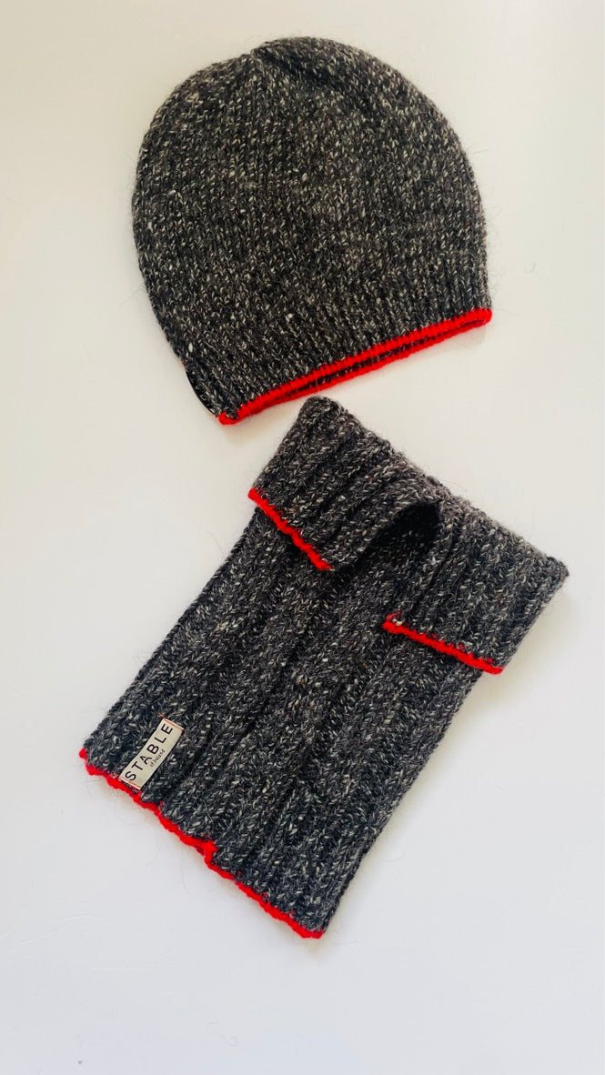 Charcoal Grey with Red Trim Merino Beanie-Hats-STABLE of Ireland