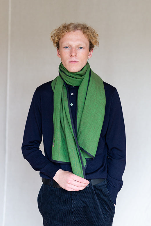 Moss Green with Navy Trim High Five Linen Scarf-Scarves & Shawls-STABLE of Ireland