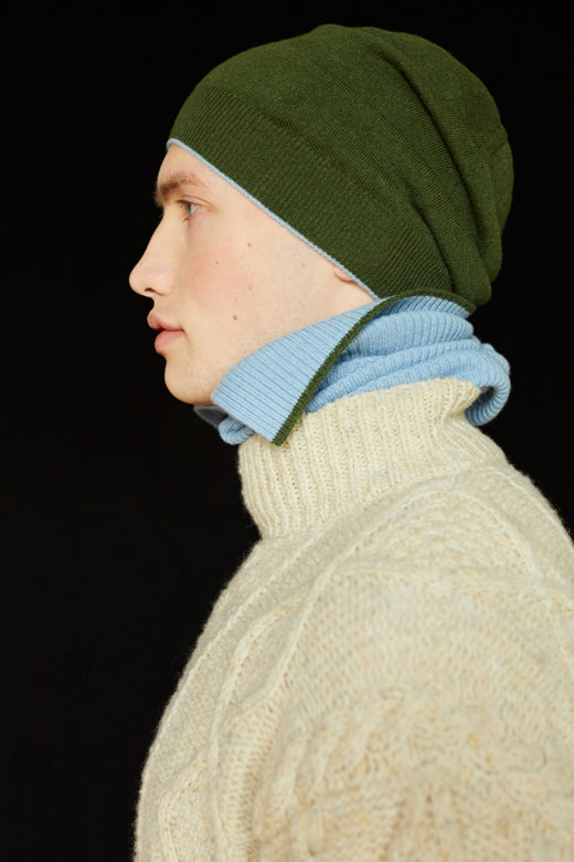 Olive Green Trim Cashmere Beanie-Hats-STABLE of Ireland
