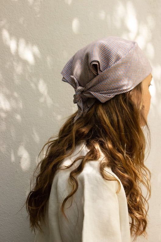 Terracotta & Blue Check Lily Headscarf-Scarves & Shawls-STABLE of Ireland