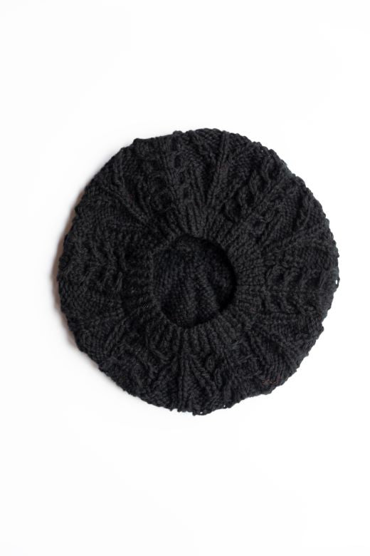 Black Handknit Merino Aran Tam or Beret-Hats-STABLE of Ireland