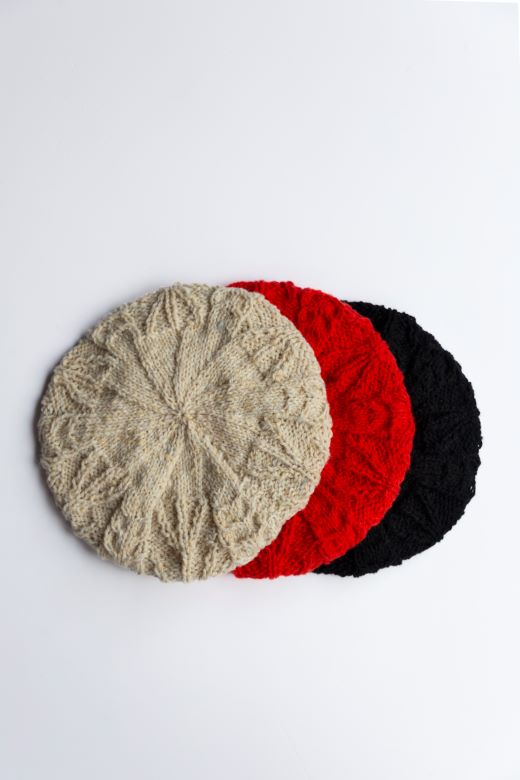 Black Handknit Merino Aran Tam or Beret-Hats-STABLE of Ireland