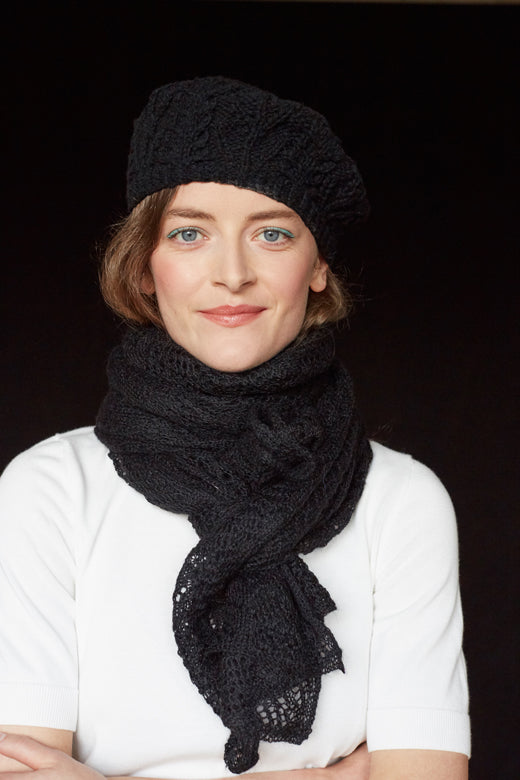 Black Handknit Merino Aran Tam or Beret-Hats-STABLE of Ireland