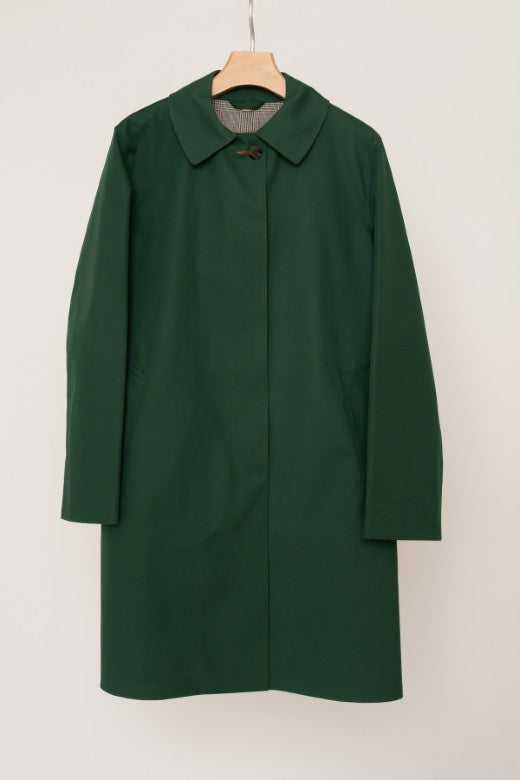 Bottle green waterproof Mackintosh coat, expertly crafted in Ireland with premium cotton by Francis Campelli.