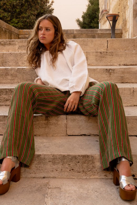 Stripe Irish Linen Drawstring Trouser