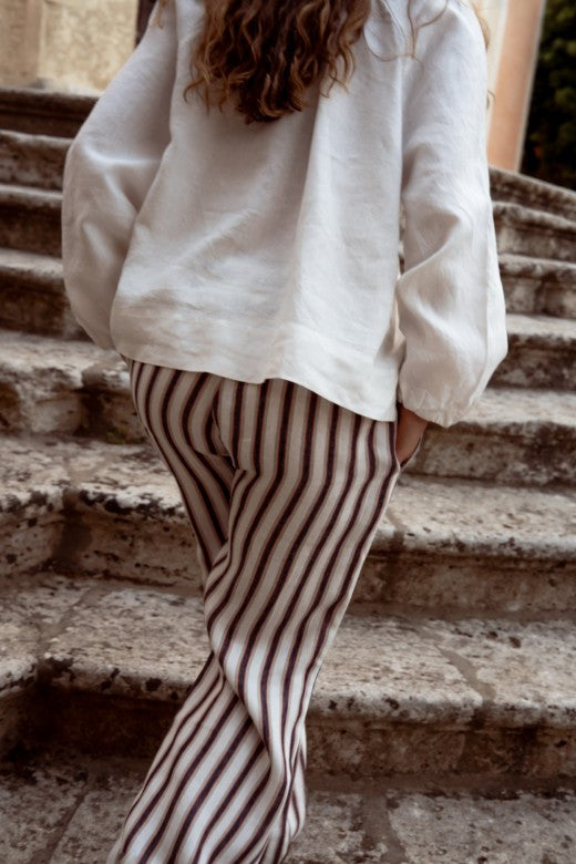 Stripe Irish Linen Drawstring Trouser