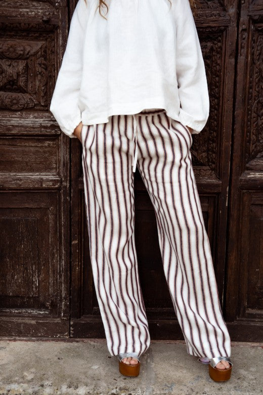 Stripe Irish Linen Drawstring Trouser