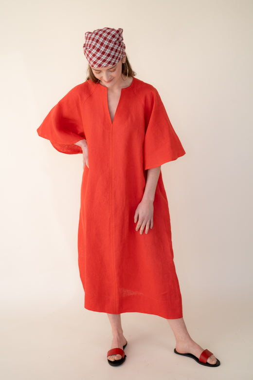 Coral Red Irish Linen Kaftan Dress-Dresses-STABLE of Ireland