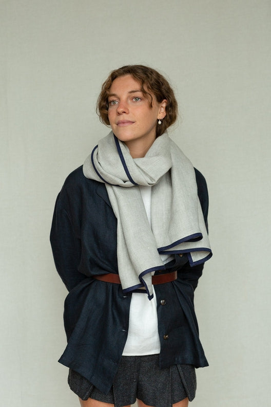 Dove Grey with Navy Trim High Five Linen Scarf-Scarves & Shawls-STABLE of Ireland