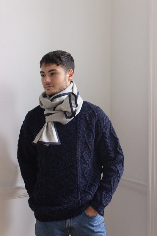 Dove Grey with Navy Trim High Five Linen Scarf-Scarves & Shawls-STABLE of Ireland