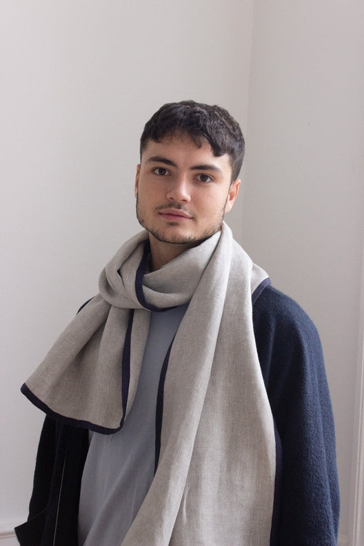Dove Grey with Navy Trim High Five Linen Scarf-Scarves & Shawls-STABLE of Ireland