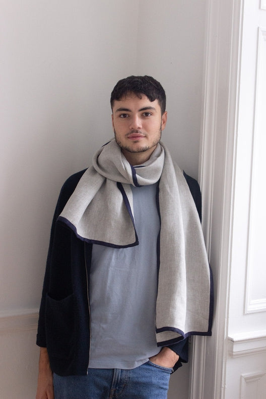 Dove Grey with Navy Trim High Five Linen Scarf-Scarves & Shawls-STABLE of Ireland