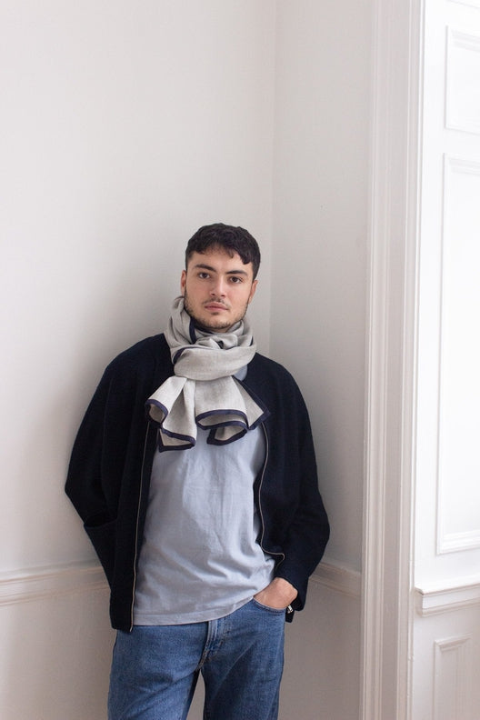 Dove Grey with Navy Trim High Five Linen Scarf-Scarves & Shawls-STABLE of Ireland