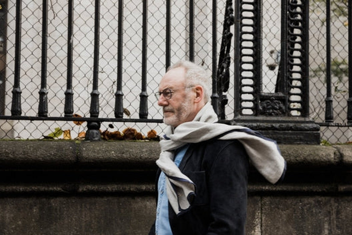 Dove Grey with Navy Trim High Five Linen Scarf-Scarves & Shawls-STABLE of Ireland