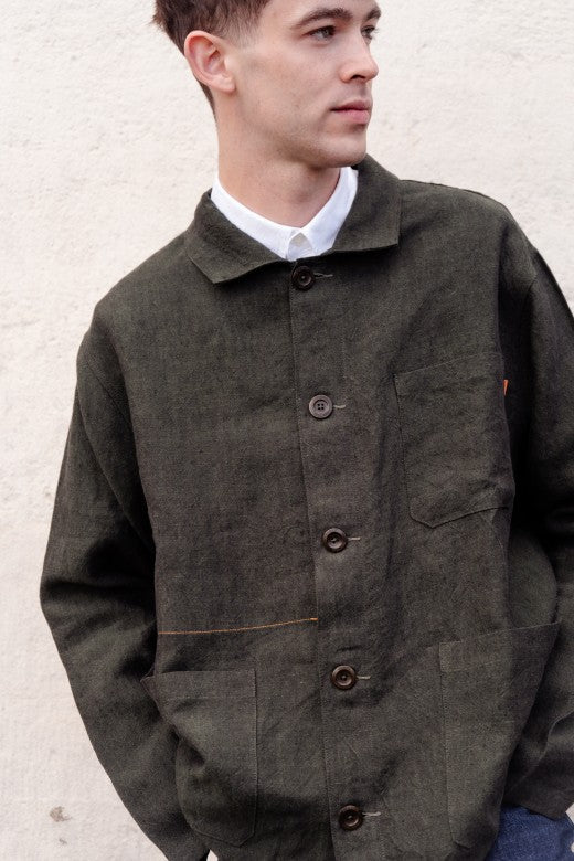 Dark Green Linen Utility Jacket