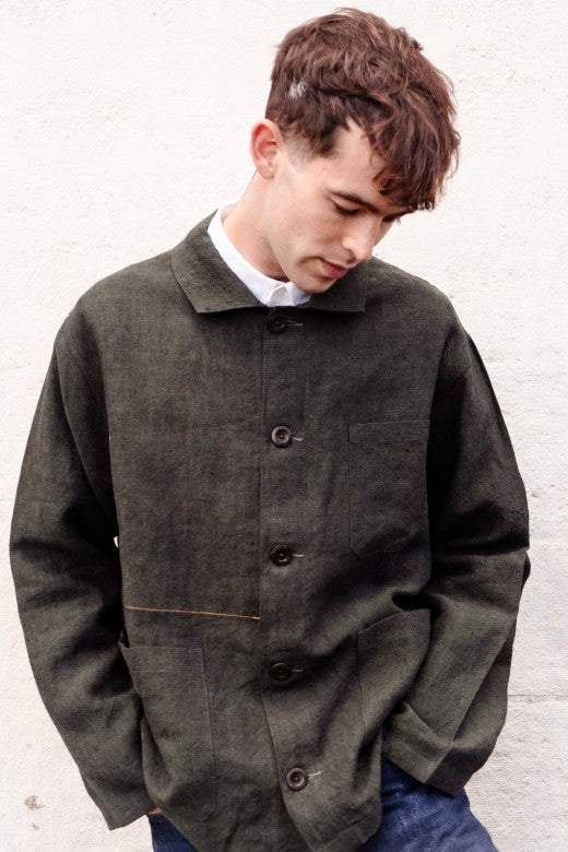 Dark Green Linen Utility Jacket
