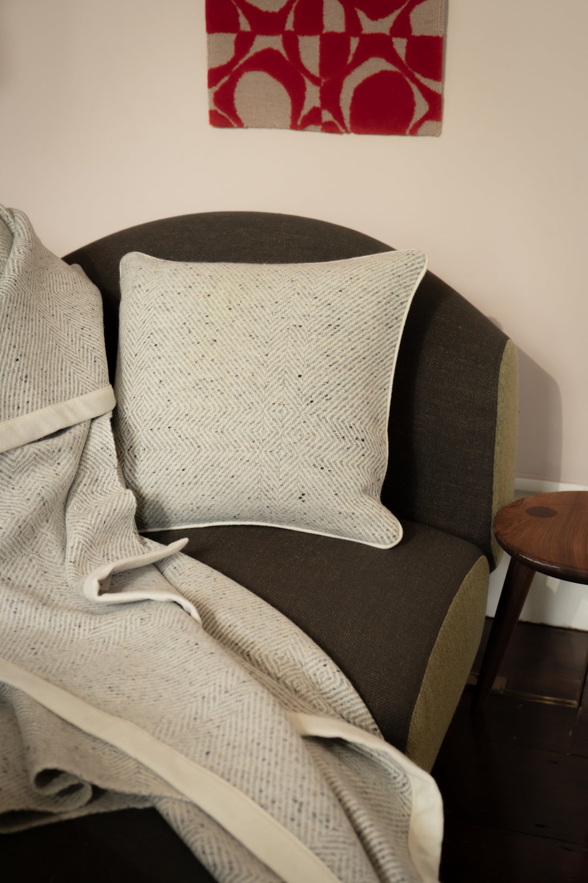 Handwoven Pressed Herringbone Tweed trimmed Blanket in Light Grey-Blankets-STABLE of Ireland