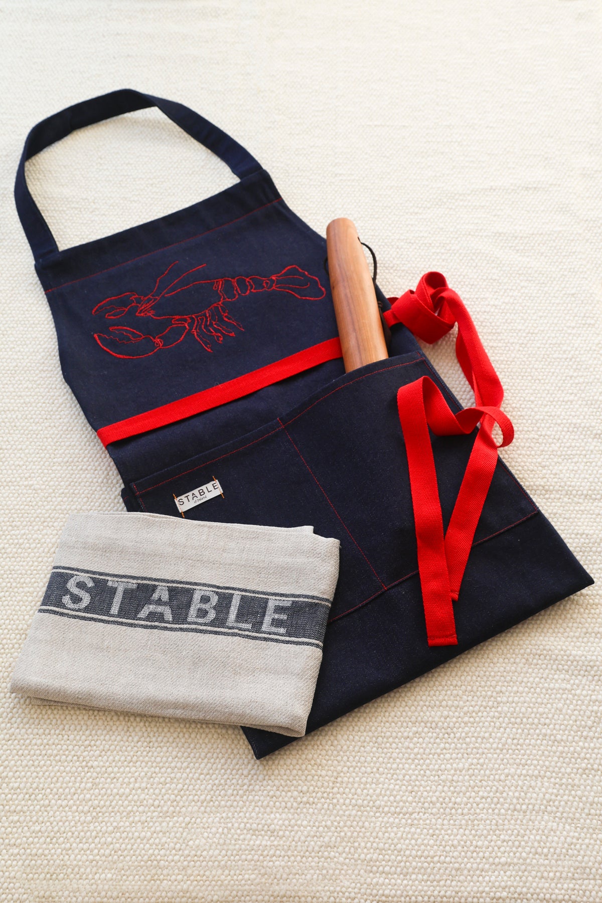 Hand Embroidered Lobster Apron, Tea Towel, Rolling Pin.jpg