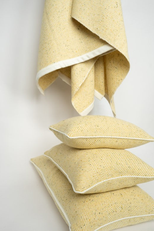 Handwoven Pressed Herringbone Tweed trimmed Blanket in Butter Yellow