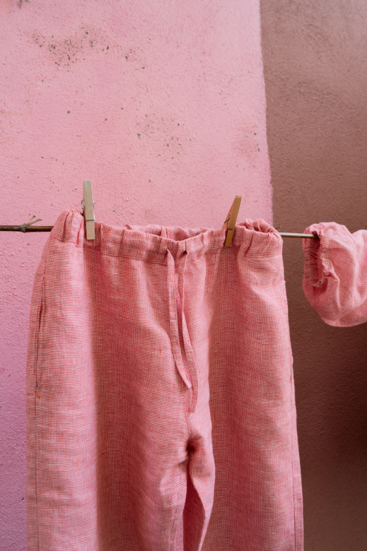 Irish Linen Trousers in Red Check-Trousers-STABLE of Ireland