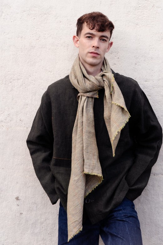 The STABLE Irish Linen Scarf - Khaki Mack Check