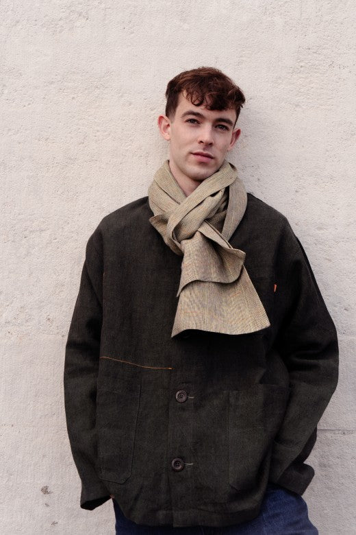 The STABLE Irish Linen Scarf - Khaki Mack Check