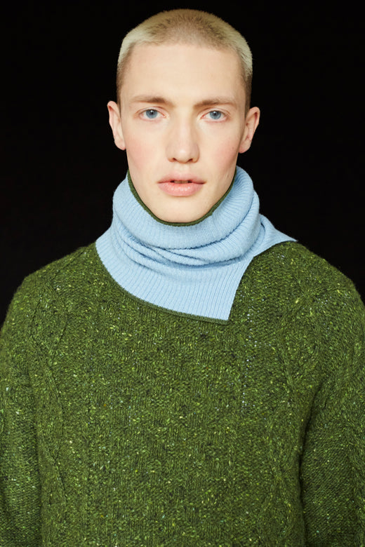 Light Blue with Olive Green Trim Cashmere Snug-Scarves & Shawls-STABLE of Ireland