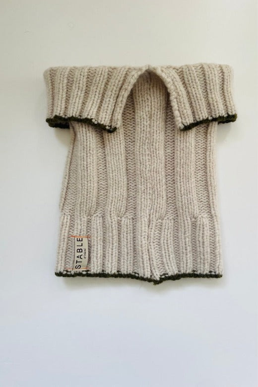 Light Grey Plain Knit Merino Snug with Olive Green Trim-Scarves & Shawls-STABLE of Ireland
