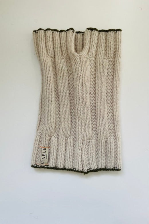 Light Grey Plain Knit Merino Snug with Olive Green Trim-Scarves & Shawls-STABLE of Ireland