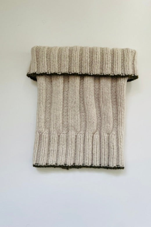 Light Grey Plain Knit Merino Snug with Olive Green Trim-Scarves & Shawls-STABLE of Ireland