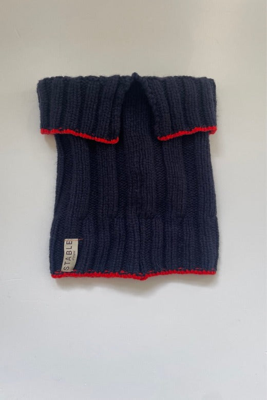 Navy Plain Knit Merino Snug with Red Trim-Scarves & Shawls-STABLE of Ireland