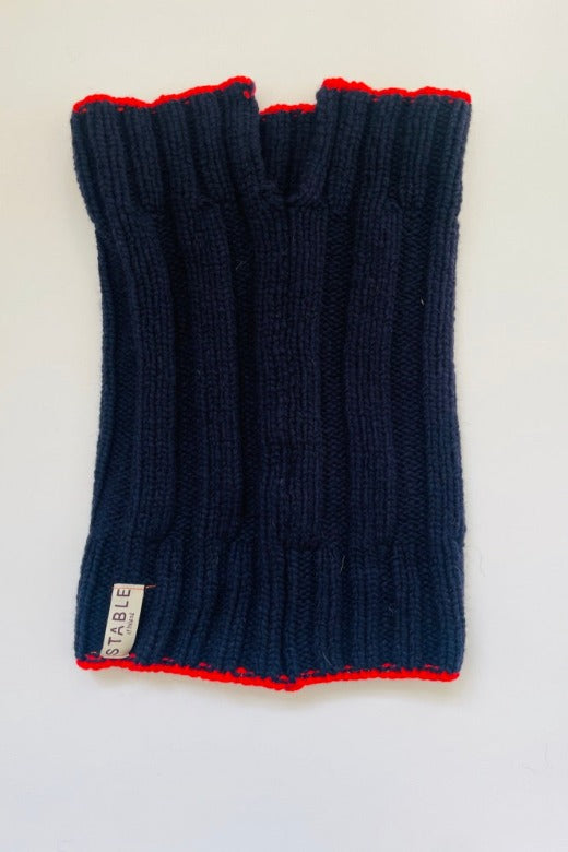 Navy Plain Knit Merino Snug with Red Trim-Scarves & Shawls-STABLE of Ireland