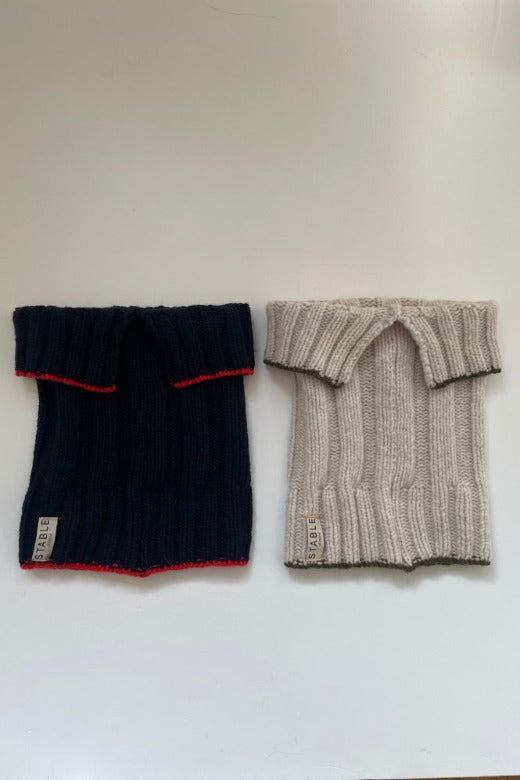 Navy Plain Knit Merino Snug with Red Trim-Scarves & Shawls-STABLE of Ireland