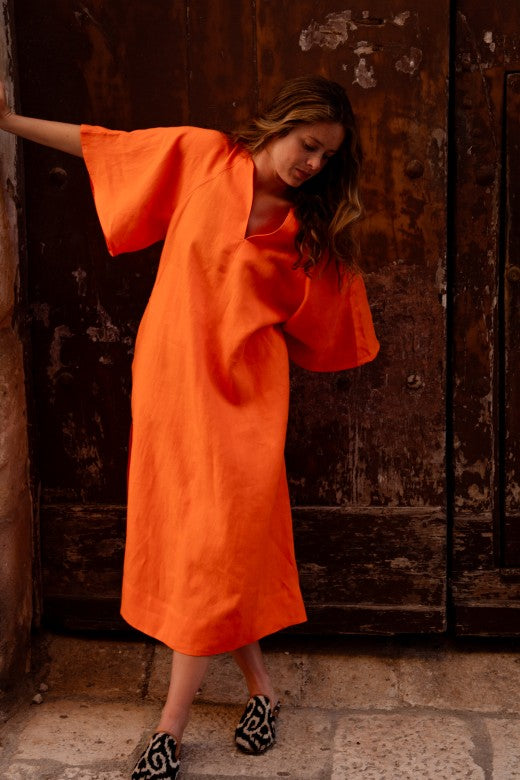 Orange Irish Linen Kaftan Dress