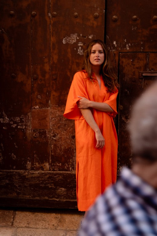 Orange Irish Linen Kaftan Dress