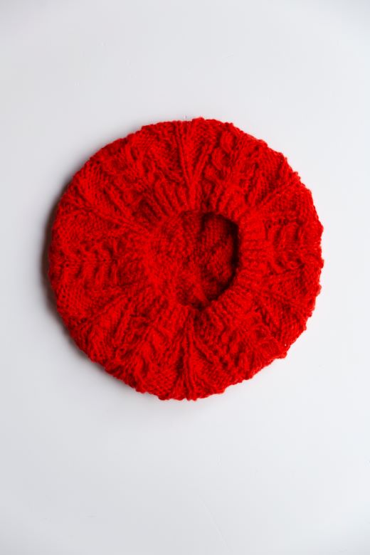 Red Handknit Merino Aran Tam or Beret-Hats-STABLE of Ireland