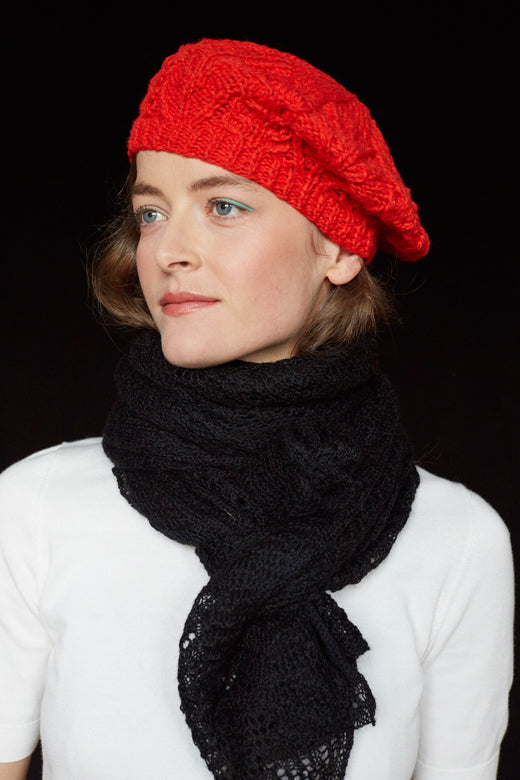 Red Handknit Merino Aran Tam or Beret-Hats-STABLE of Ireland