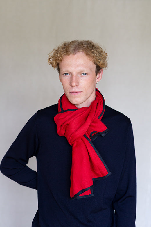Red with Navy Trim High Five Linen Scarf-Scarves & Shawls-STABLE of Ireland
