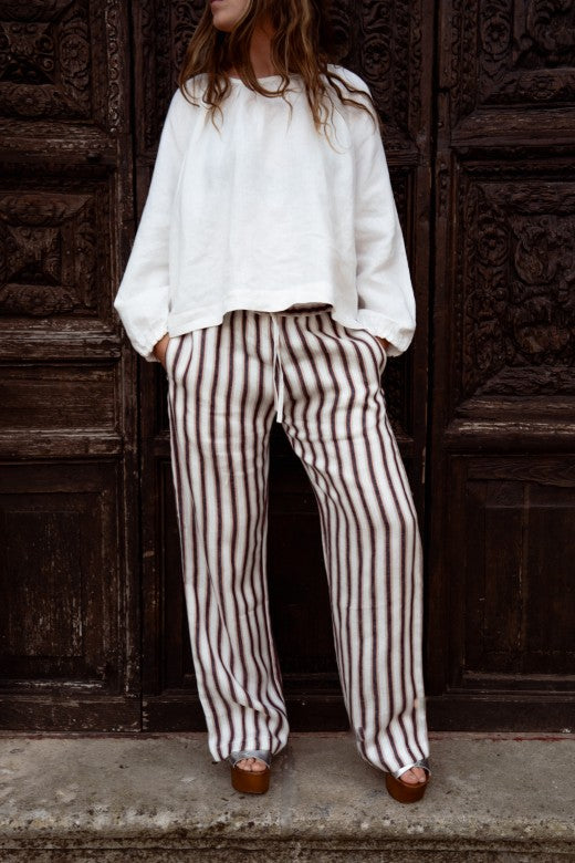 Stripe Irish Linen Drawstring Trouser