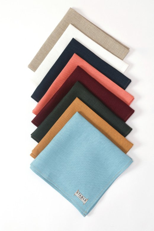 Set of heavy-weight Irish linen napkins in vibrant colors, handmade by Irish artisans with a signature STABLE label.