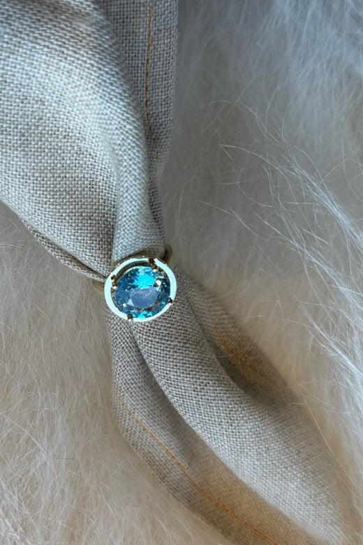 The April Sky Blue Topaz Gold Halo Ring-Jewelry-STABLE of Ireland