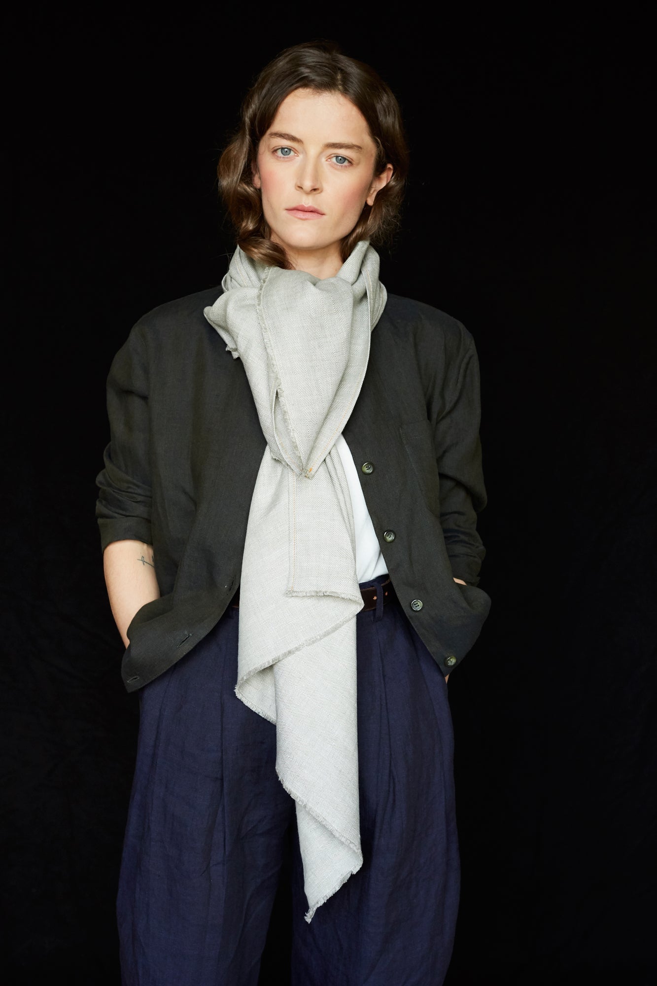 The STABLE Irish Linen Scarf - Dove Grey Great Herringbone-Scarves & Shawls-STABLE of Ireland