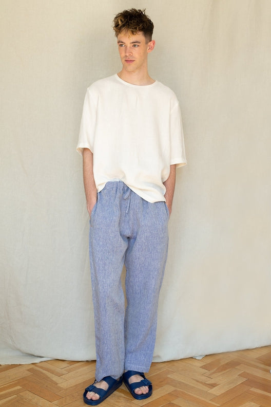 Blue Irish Linen Trousers For Men-Trousers-STABLE of Ireland