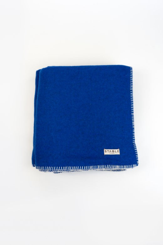 Blue Wool Bed Blanket with Blanket Stitch-Blankets-STABLE of Ireland