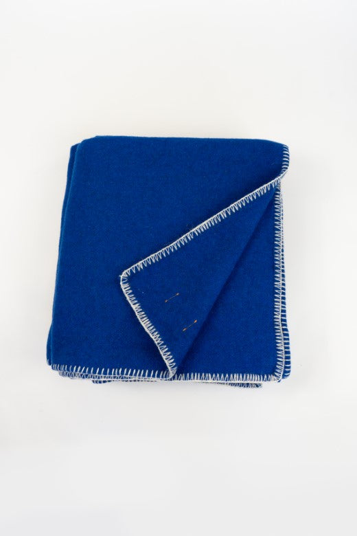 Blue Wool Bed Blanket with Blanket Stitch-Blankets-STABLE of Ireland