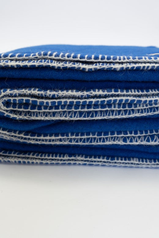 Blue Wool Bed Blanket with Blanket Stitch-Blankets-STABLE of Ireland