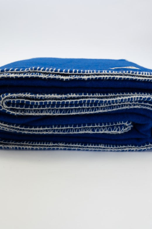 Blue Wool Bed Blanket with Blanket Stitch-Blankets-STABLE of Ireland
